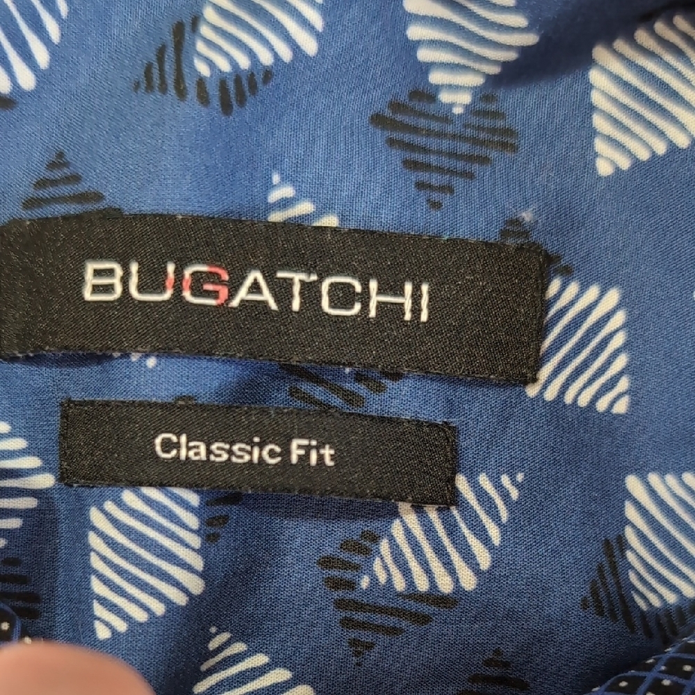 Bugatchi Cotton Blue White Geometric Patterned Button Down Dress Shirt Size M - Picture 10 of 13
